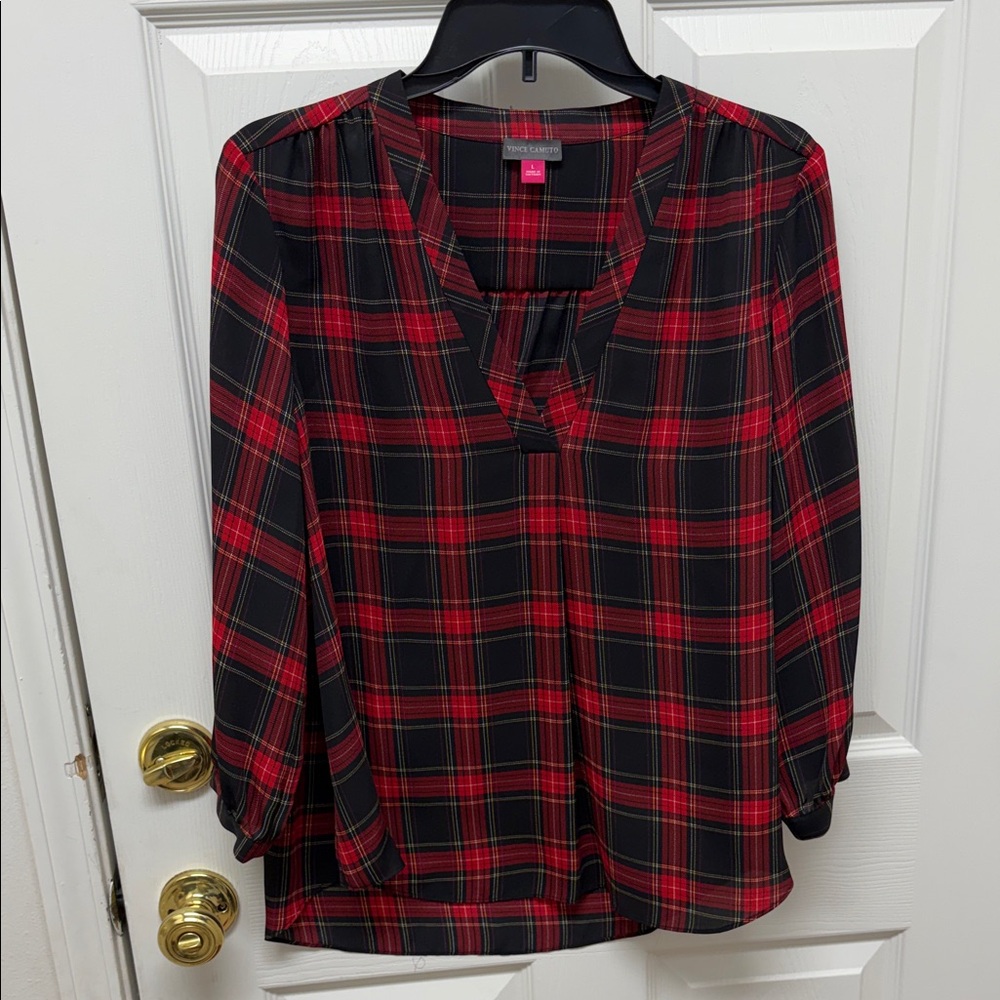 Vince Camuto Red and Black Plaid Blouse